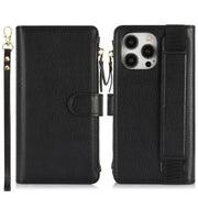 For iPhone 16 Pro Max Wristband Holder Zipper Purse RFID Leather Phone Case(Black)