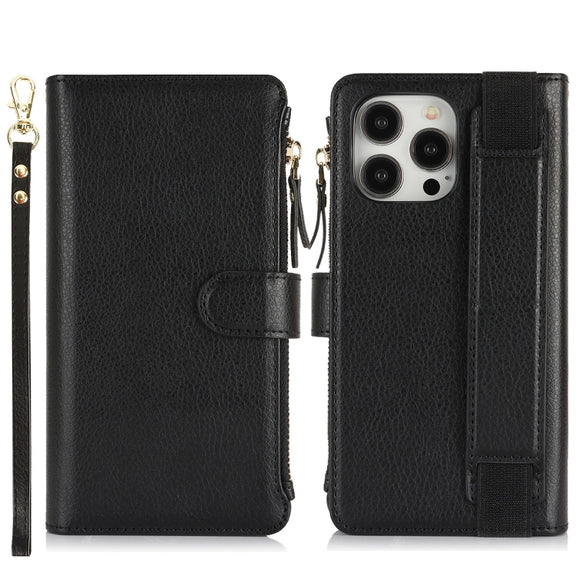For iPhone 16 Pro Max Wristband Holder Zipper Purse RFID Leather Phone Case(Black)