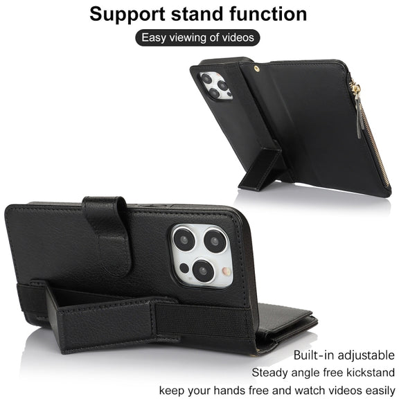 For iPhone 16 Pro Max Wristband Holder Zipper Purse RFID Leather Phone Case(Black)