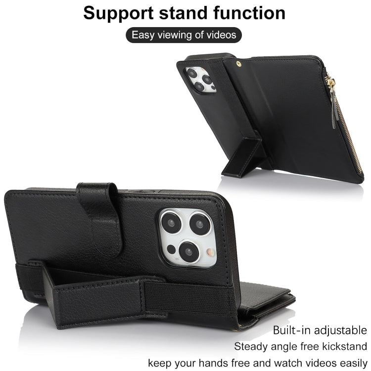 For iPhone 16 Pro Max Wristband Holder Zipper Purse RFID Leather Phone Case(Black)