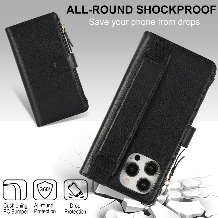 For iPhone 16 Pro Max Wristband Holder Zipper Purse RFID Leather Phone Case(Black)