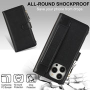 For iPhone 16 Pro Max Wristband Holder Zipper Purse RFID Leather Phone Case(Black)