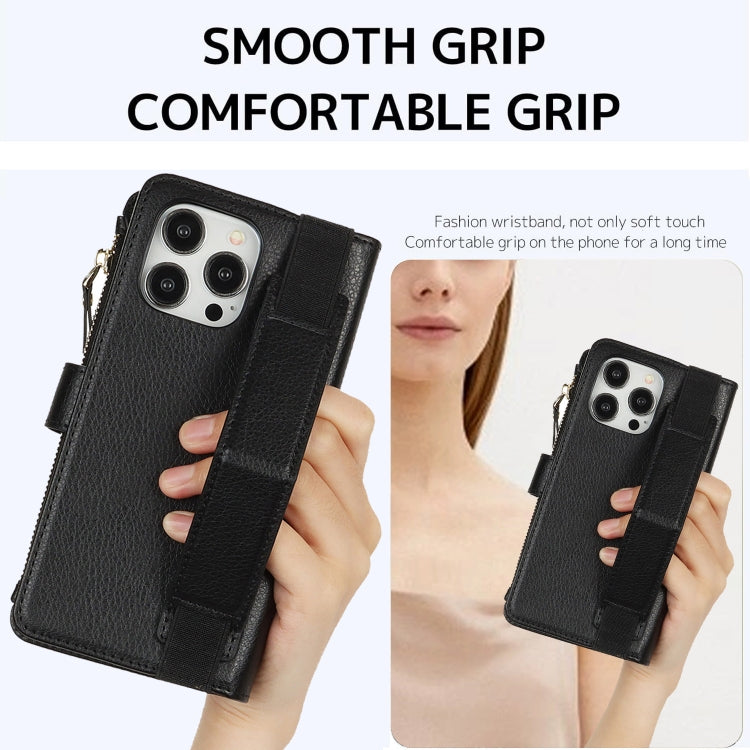For iPhone 16 Pro Max Wristband Holder Zipper Purse RFID Leather Phone Case(Black)