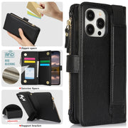 For iPhone 16 Pro Max Wristband Holder Zipper Purse RFID Leather Phone Case(Black)