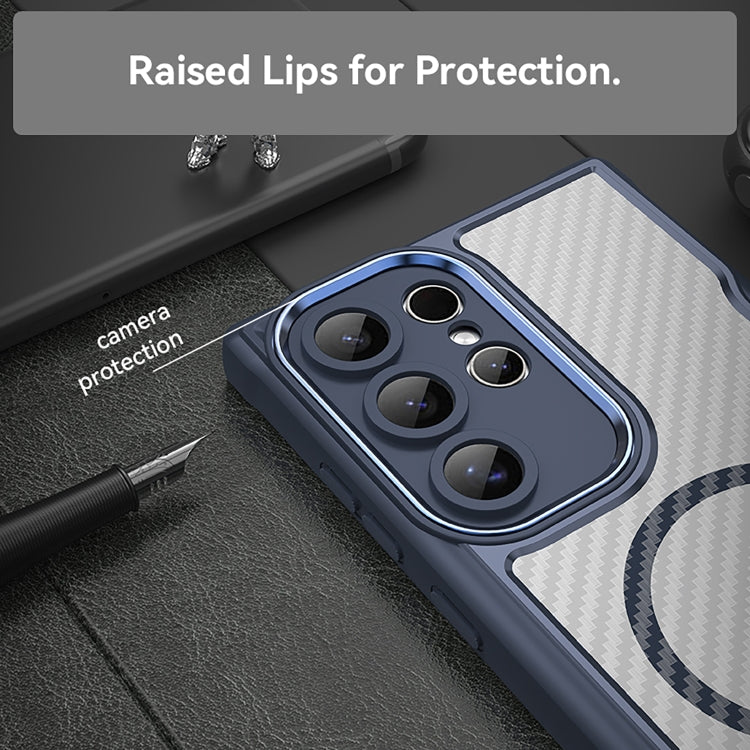 For Samsung Galaxy S25 Ultra 5G Carbon Fiber Texture MagSafe Translucent Phone Case(Blue)