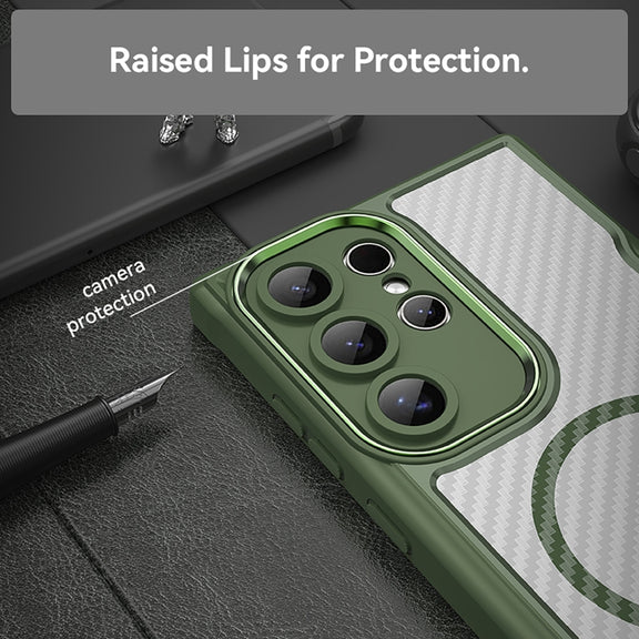 For Samsung Galaxy S25 Ultra 5G Carbon Fiber Texture MagSafe Translucent Phone Case(Green)