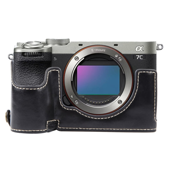 For Sony ILCE-7CM2 / Alpha 7C II Glossy PU Leather Camera Half Case Base(Black)