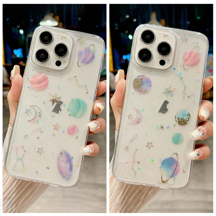 For iPhone 16 Plus Cosmic Star Glitter Epoxy TPU Phone Case(Transparent Pink)