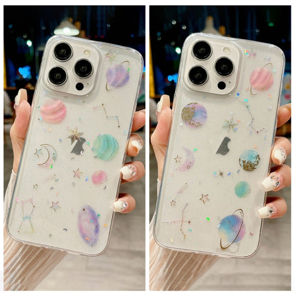 For iPhone 16 Plus Cosmic Star Glitter Epoxy TPU Phone Case(Transparent Pink)