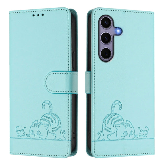 For Samsung Galaxy S25 5G Cat Rat Embossed RFID Leather Phone Case with Lanyard(Mint Green)