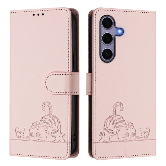For Samsung Galaxy S25 5G Cat Rat Embossed RFID Leather Phone Case with Lanyard(Pink)