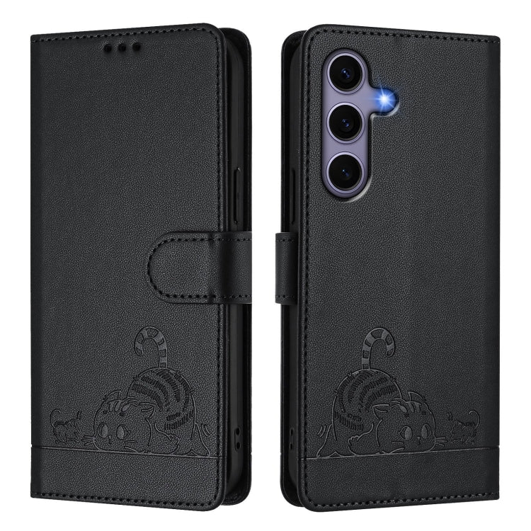 For Samsung Galaxy S25 5G Cat Rat Embossed RFID Leather Phone Case with Lanyard(Black)