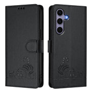 For Samsung Galaxy S25 5G Cat Rat Embossed RFID Leather Phone Case with Lanyard(Black)