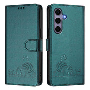 For Samsung Galaxy S25 5G Cat Rat Embossed RFID Leather Phone Case with Lanyard(Peacock Green)