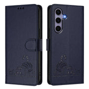 For Samsung Galaxy S25 5G Cat Rat Embossed RFID Leather Phone Case with Lanyard(Blue)