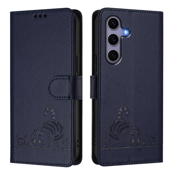For Samsung Galaxy S25 5G Cat Rat Embossed RFID Leather Phone Case with Lanyard(Blue)