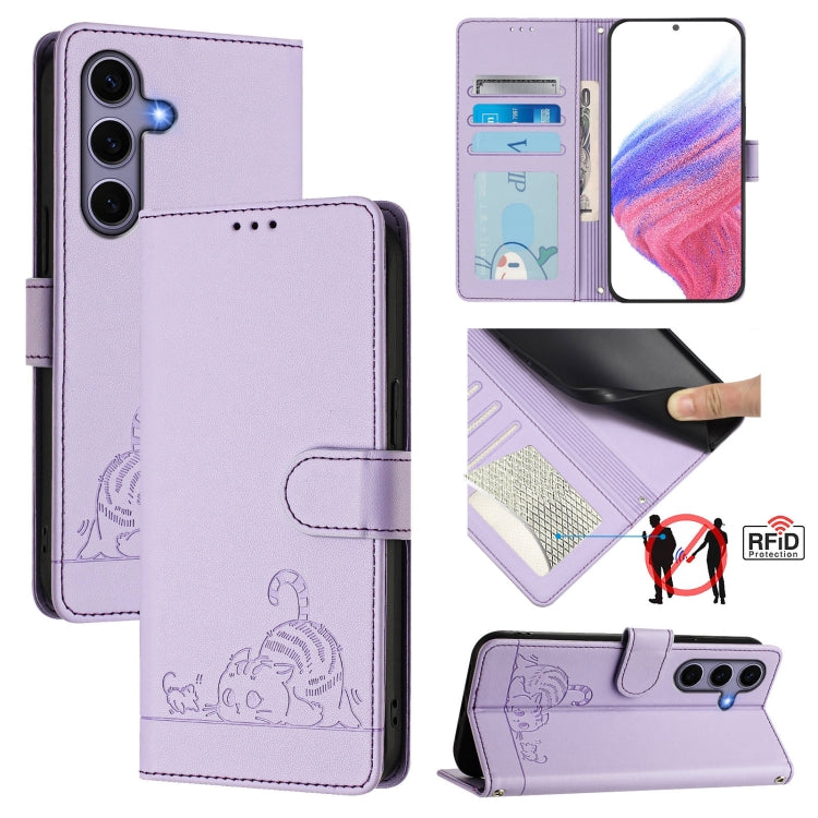 For Samsung Galaxy S25 5G Cat Rat Embossed RFID Leather Phone Case with Lanyard(Purple)