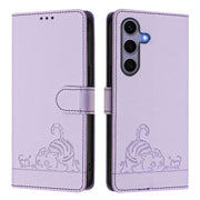 For Samsung Galaxy S25 5G Cat Rat Embossed RFID Leather Phone Case with Lanyard(Purple)