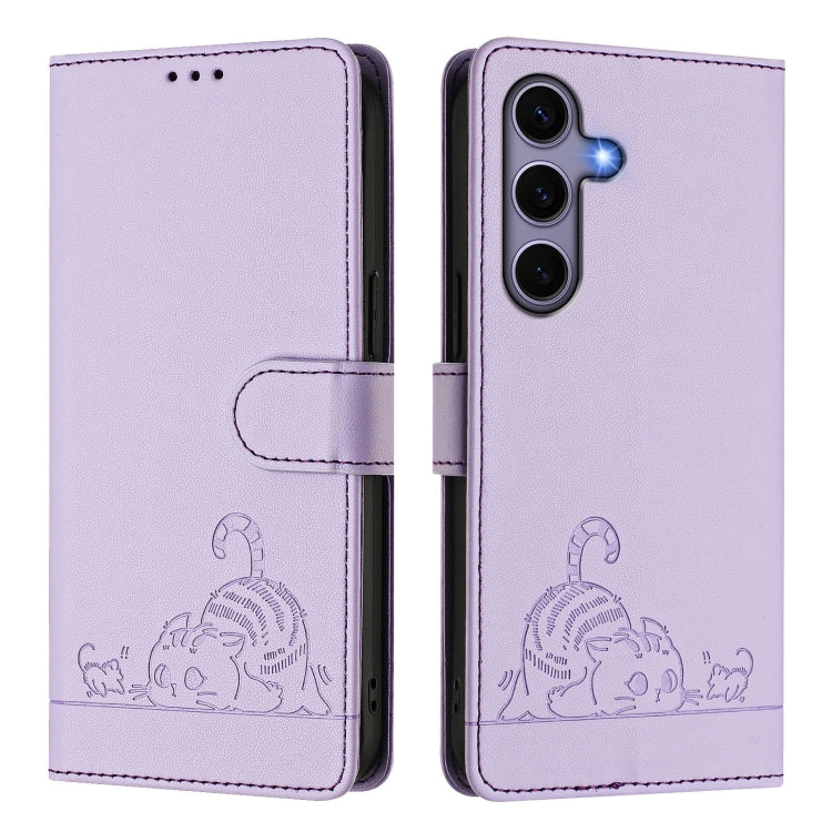 For Samsung Galaxy S25 5G Cat Rat Embossed RFID Leather Phone Case with Lanyard(Purple)