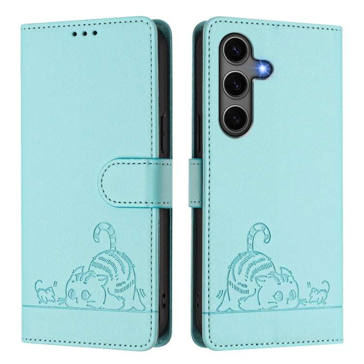 For Samsung Galaxy S25+ 5G Cat Rat Embossed RFID Leather Phone Case with Lanyard(Mint Green)