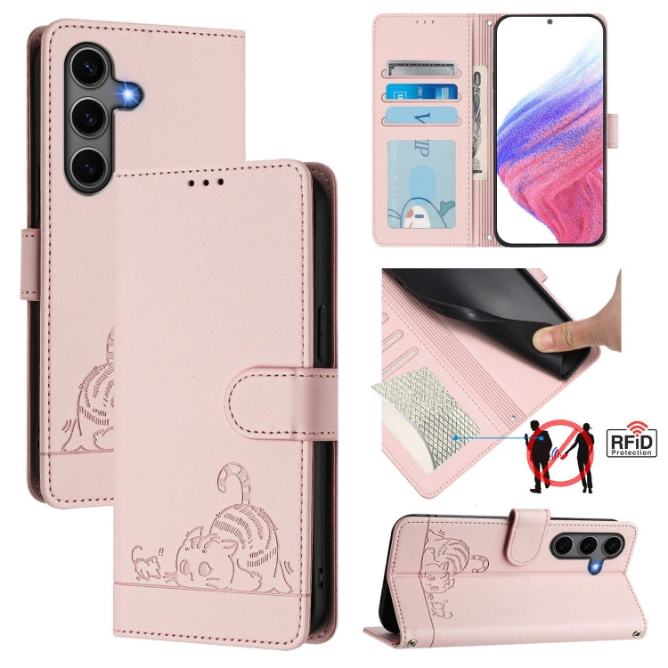 For Samsung Galaxy S25+ 5G Cat Rat Embossed RFID Leather Phone Case with Lanyard(Pink)