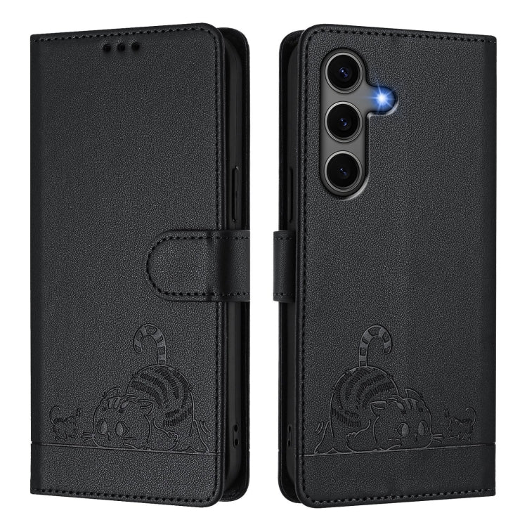 For Samsung Galaxy S25+ 5G Cat Rat Embossed RFID Leather Phone Case with Lanyard(Black)
