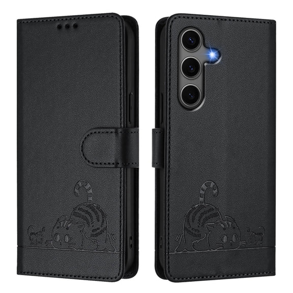 For Samsung Galaxy S25+ 5G Cat Rat Embossed RFID Leather Phone Case with Lanyard(Black)