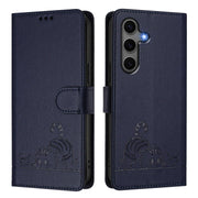 For Samsung Galaxy S25+ 5G Cat Rat Embossed RFID Leather Phone Case with Lanyard(Blue)