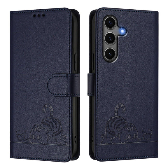 For Samsung Galaxy S25+ 5G Cat Rat Embossed RFID Leather Phone Case with Lanyard(Blue)