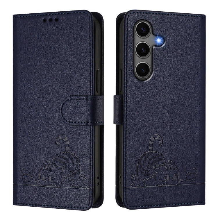 For Samsung Galaxy S25+ 5G Cat Rat Embossed RFID Leather Phone Case with Lanyard(Blue)