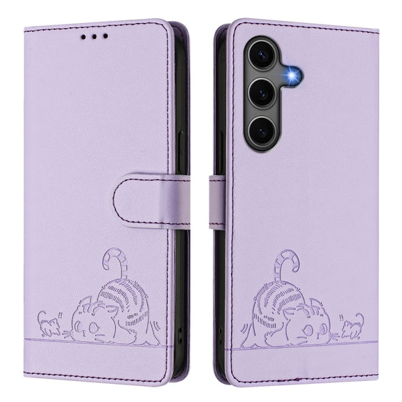 For Samsung Galaxy S25+ 5G Cat Rat Embossed RFID Leather Phone Case with Lanyard(Purple)