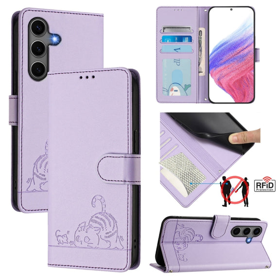 For Samsung Galaxy S25+ 5G Cat Rat Embossed RFID Leather Phone Case with Lanyard(Purple)