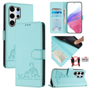 For Samsung Galaxy S25 Ultra 5G Cat Rat Embossed RFID Leather Phone Case with Lanyard(Mint Green)