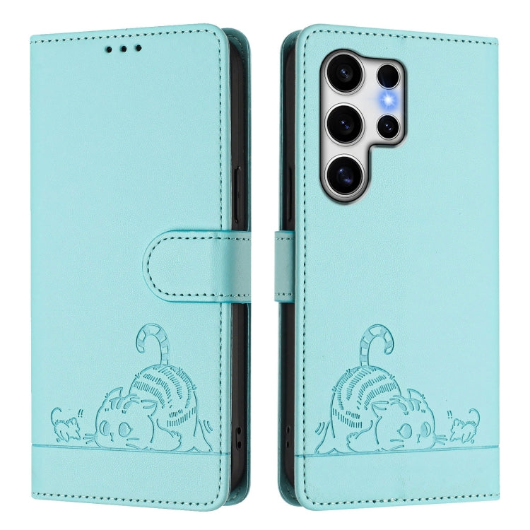 For Samsung Galaxy S25 Ultra 5G Cat Rat Embossed RFID Leather Phone Case with Lanyard(Mint Green)