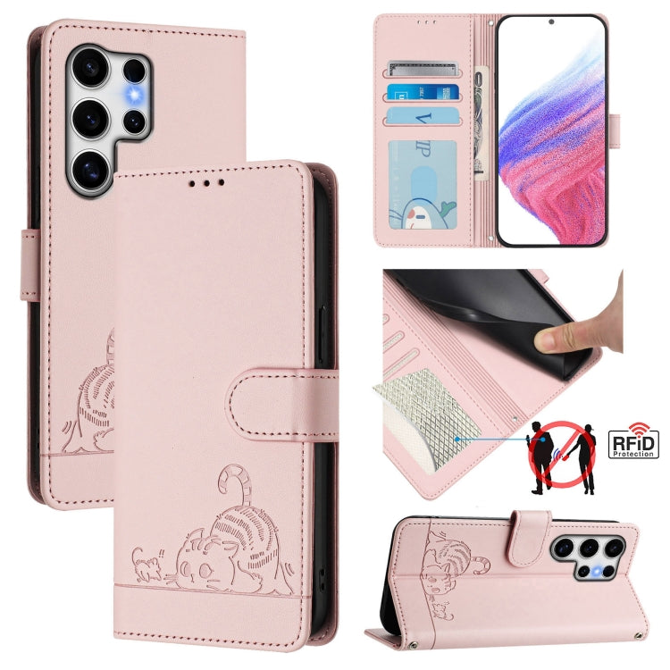 For Samsung Galaxy S25 Ultra 5G Cat Rat Embossed RFID Leather Phone Case with Lanyard(Pink)