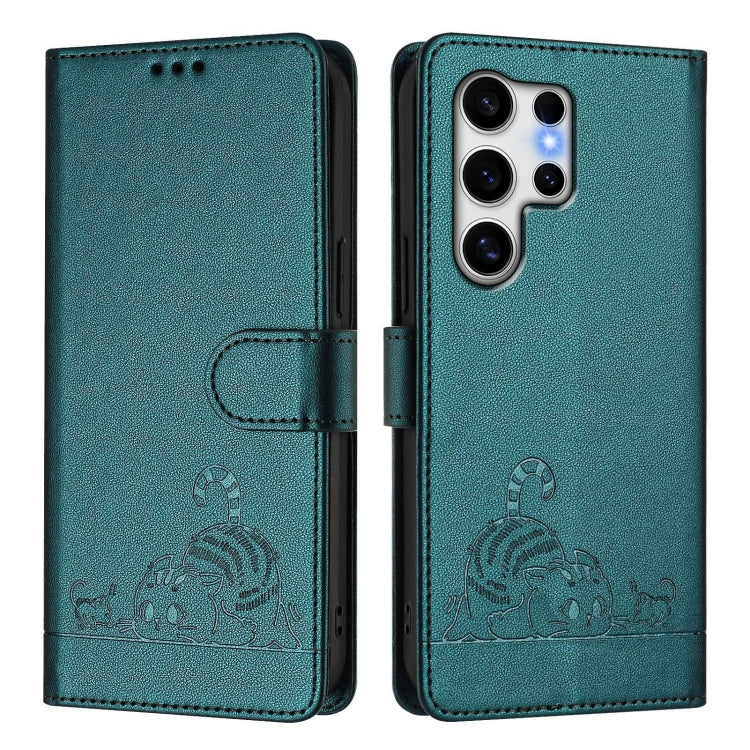 For Samsung Galaxy S25 Ultra 5G Cat Rat Embossed RFID Leather Phone Case with Lanyard(Peacock Green)
