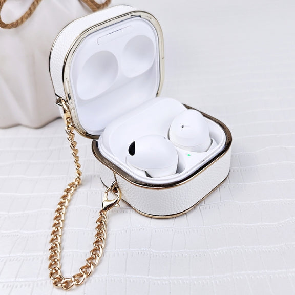 For Samsung Galaxy Buds2 / 2 Pro / Pro Litchi Texture Earbuds Box Leather Protective Case with Metal Bracelet(White)