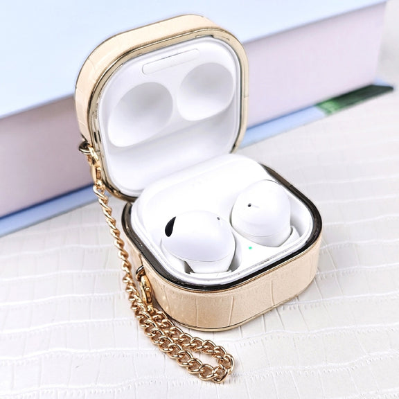 For Samsung Galaxy Buds2 / 2 Pro Crocodile Texture Earbuds Box Leather Protective Case with Metal Bracelet(White)