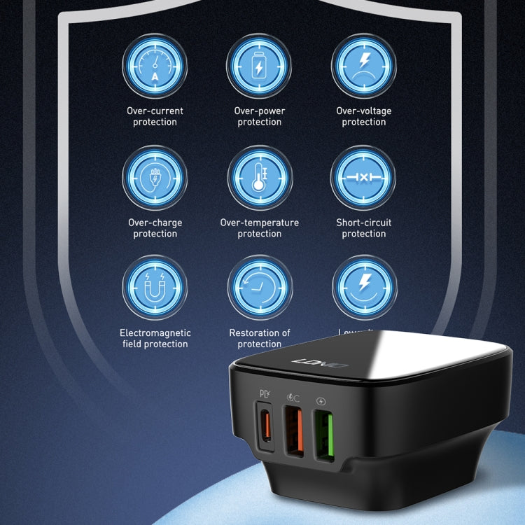 LDNIO Q334 32W Type-C + Dual USB Port Charger with 1m USB-C / Type-C Data Cable, Plug Type:US Plug(Black)