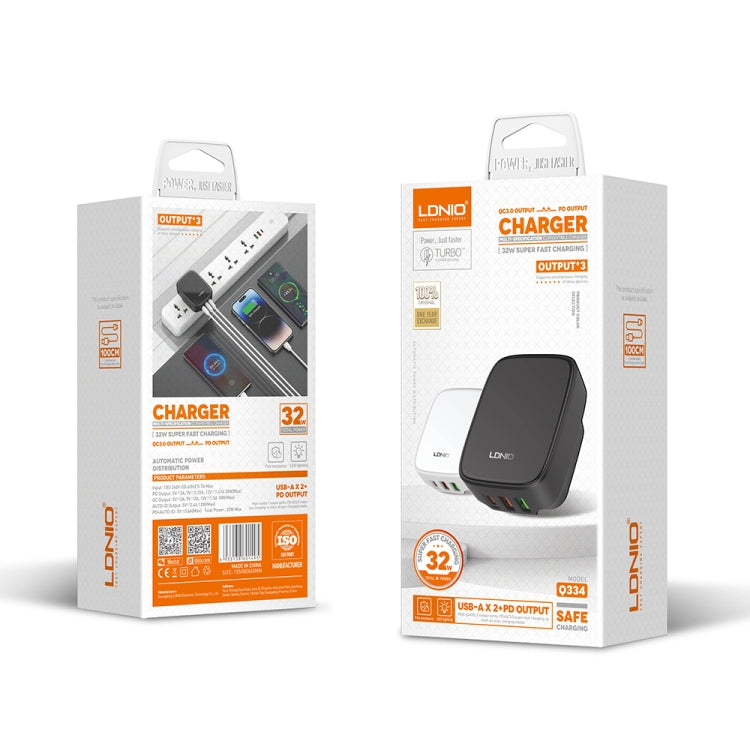 LDNIO Q334 32W Type-C + Dual USB Port Charger with 1m USB-C / Type-C Data Cable, Plug Type:US Plug(Black)