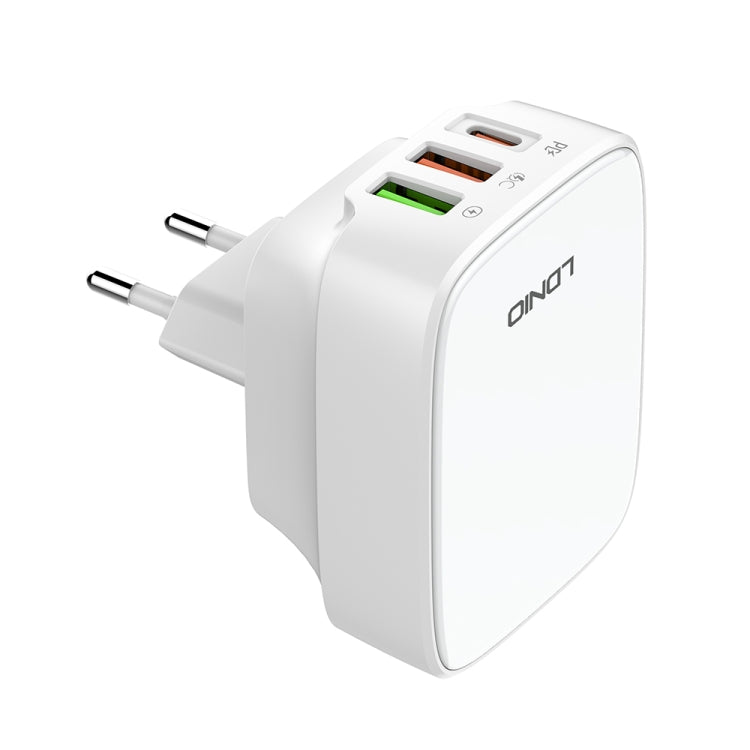 LDNIO Q334 32W Type-C + Dual USB Port Charger with 1m USB-C / Type-C to 8 Pin Data Cable, Plug Type:EU Plug(White)