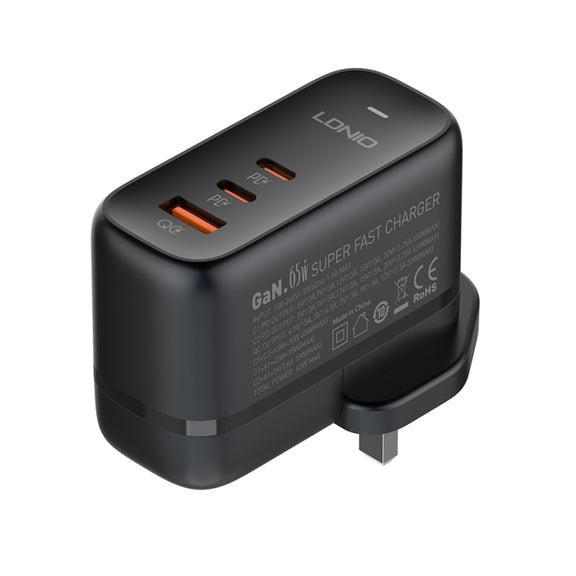 LDNIO Q366 65W USB + Dual Type-C Port Charger with 1m USB-C / Type-C to USB-C / Type-C Data Cable, Plug Type:UK Plug(Black)