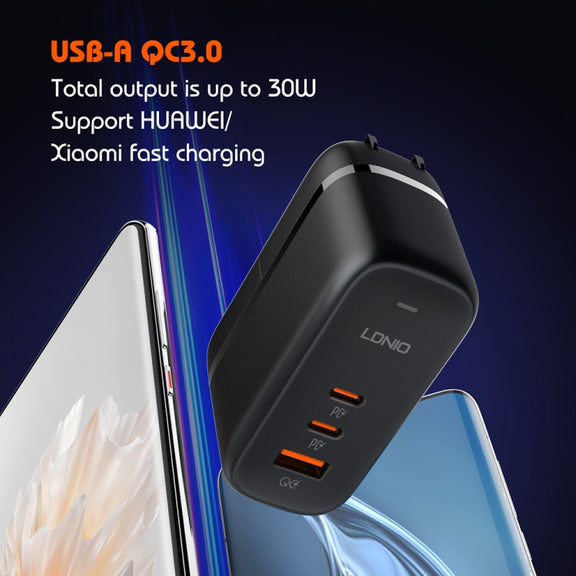 LDNIO Q366 65W USB + Dual Type-C Port Charger with 1m USB-C / Type-C to USB-C / Type-C Data Cable, Plug Type:UK Plug(Black)