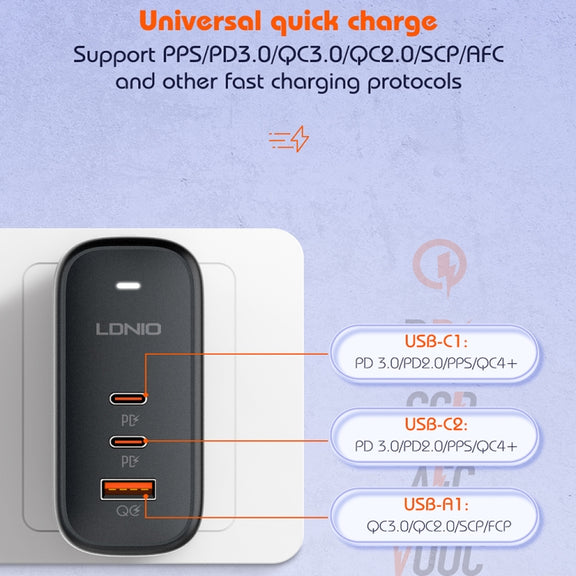 LDNIO Q366 65W USB + Dual Type-C Port Charger with 1m USB-C / Type-C to USB-C / Type-C Data Cable, Plug Type:UK Plug(Black)