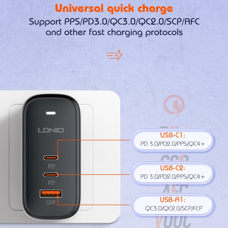 LDNIO Q366 65W USB + Dual Type-C Port Charger with 1m USB-C / Type-C to USB-C / Type-C Data Cable, Plug Type:UK Plug(Black)