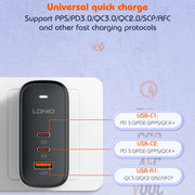 LDNIO Q366 65W USB + Dual Type-C Port Charger with 1m USB-C / Type-C to USB-C / Type-C Data Cable, Plug Type:US Plug(Black)