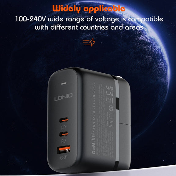 LDNIO Q366 65W USB + Dual Type-C Port Charger with 1m USB-C / Type-C to USB-C / Type-C Data Cable, Plug Type:US Plug(Black)