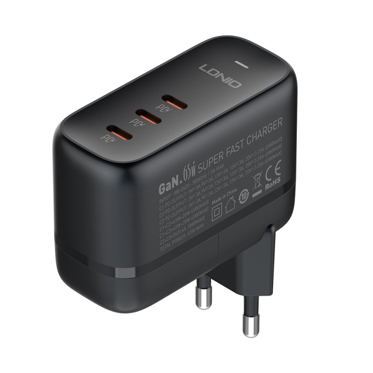 LDNIO Q367 65W GaN 3 x USB-C / Type-C Interface Charger with 1m USB-C / Type-C to USB-C / Type-C Data Cable, Plug Type:EU Plug(Black)