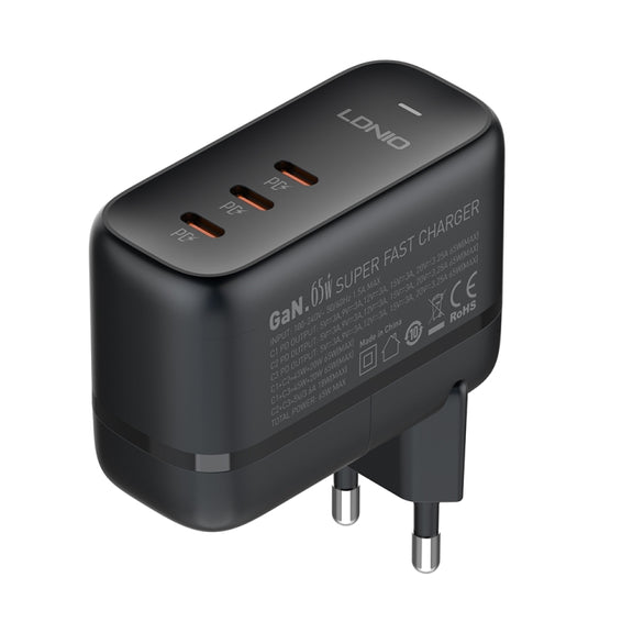 LDNIO Q367 65W GaN 3 x USB-C / Type-C Interface Charger with 1m USB-C / Type-C to USB-C / Type-C Data Cable, Plug Type:EU Plug(Black)