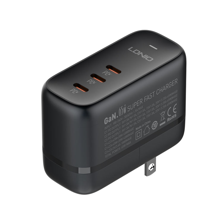 LDNIO Q367 65W GaN 3 x USB-C / Type-C Interface Charger with 1m USB-C / Type-C to USB-C / Type-C Data Cable, Plug Type:US Plug(Black)